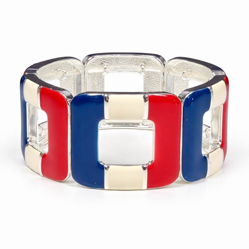 Vintage 90s Red White Blue Enamel Link Bracelet Chunky Stretch Mod Geometric